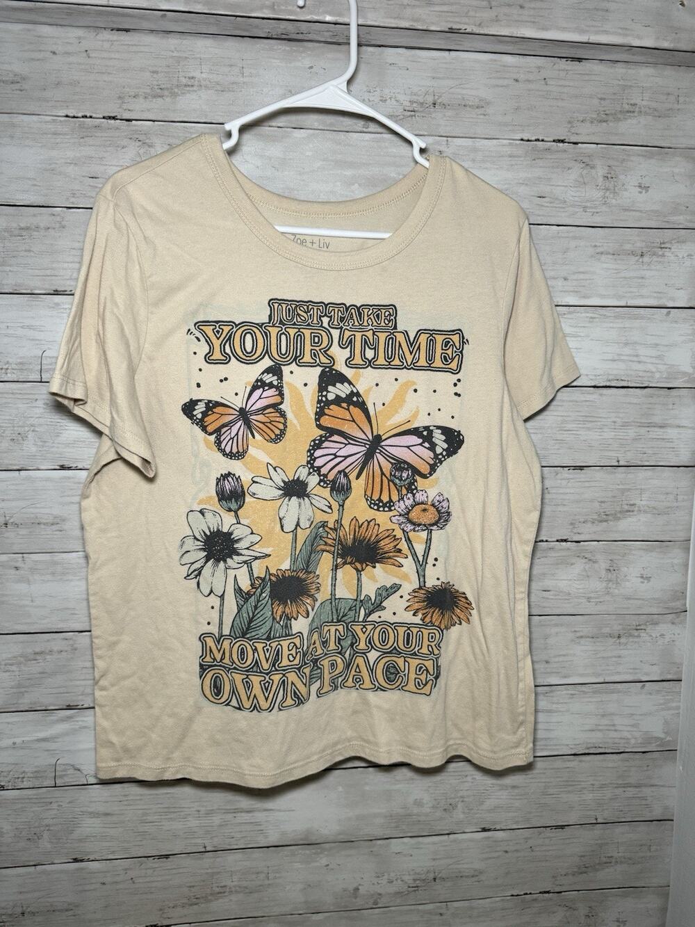 Liv + Joe Women’s Floral Sunflower Butterfly Large T Shirt Short Sleeve Top L